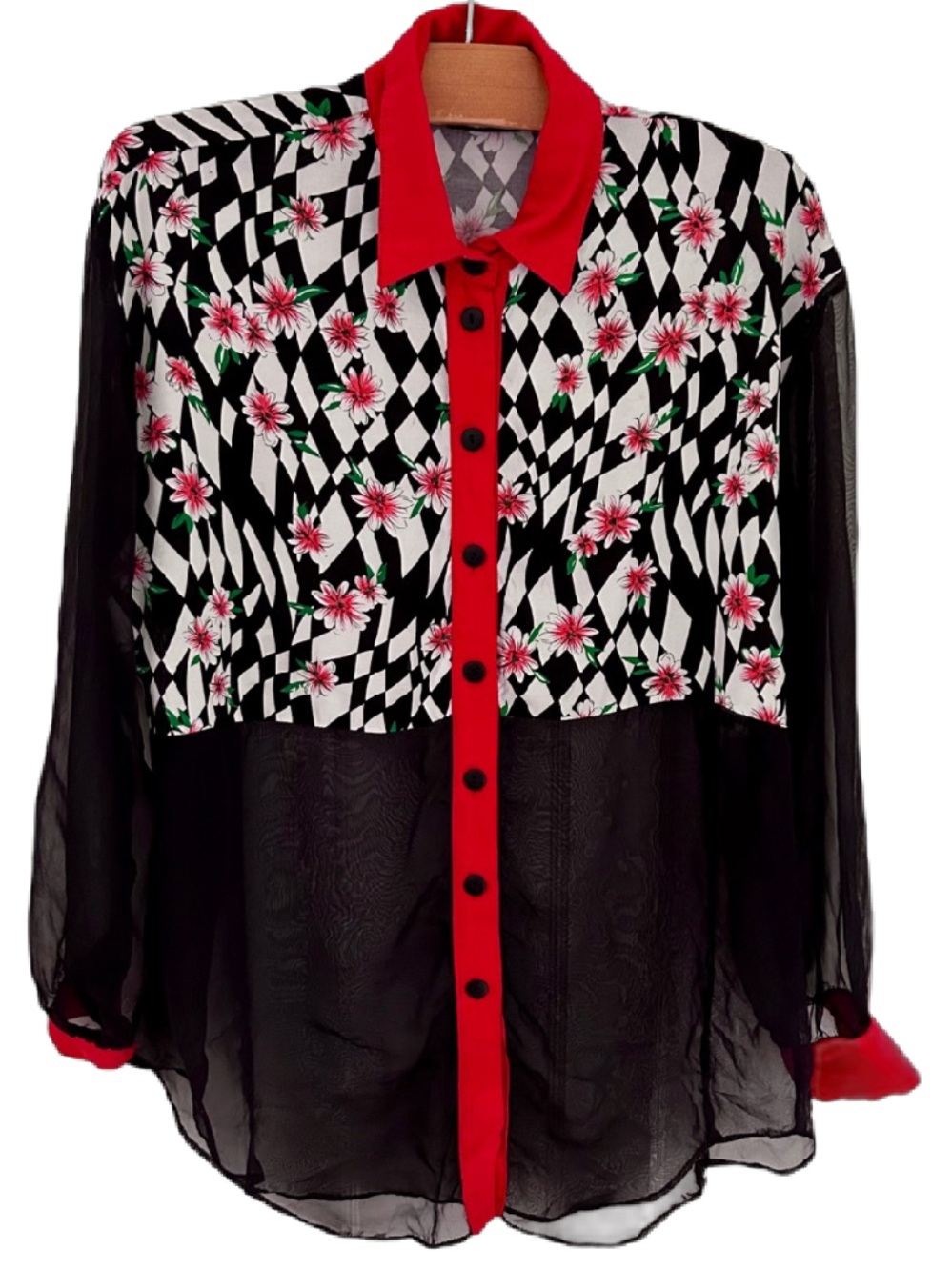 Vintage Lasania Sportswear Sheer Floral Geometric Button Blouse Red Black L XL